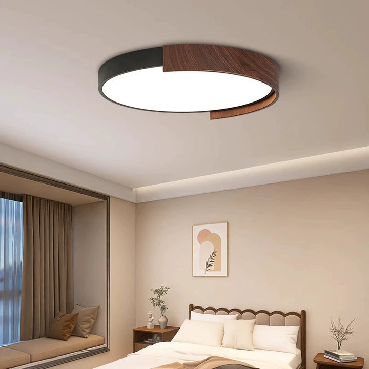 Zeitgenössische Retro Runde Holzmaserung Eisenrahmen Acryl LED Deckenleuchte für Schlafzimmer 