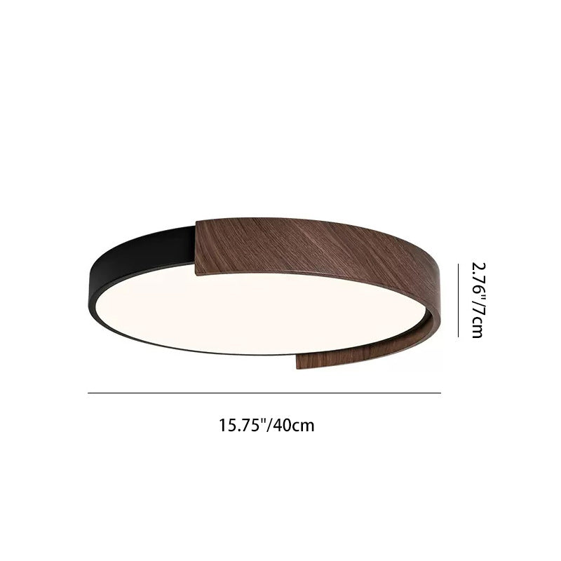 Contemporary Retro Round Wood Grain Iron Frame Acrylic LED Flush Mount Ceiling Light For Bedroom