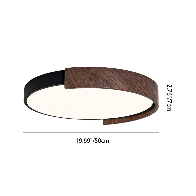 Contemporary Retro Round Wood Grain Iron Frame Acrylic LED Flush Mount Ceiling Light For Bedroom