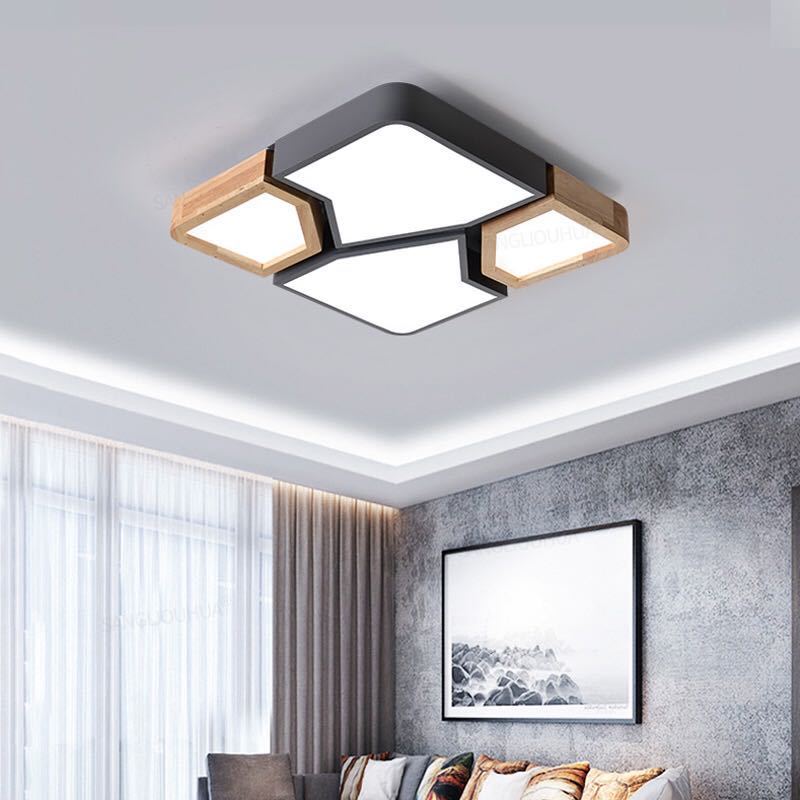 Contemporary Nordic Square Rectangle Geometric Combination Iron Solid Wood Acrylic Shade LED Flush Mount Ceiling Light For Living Room