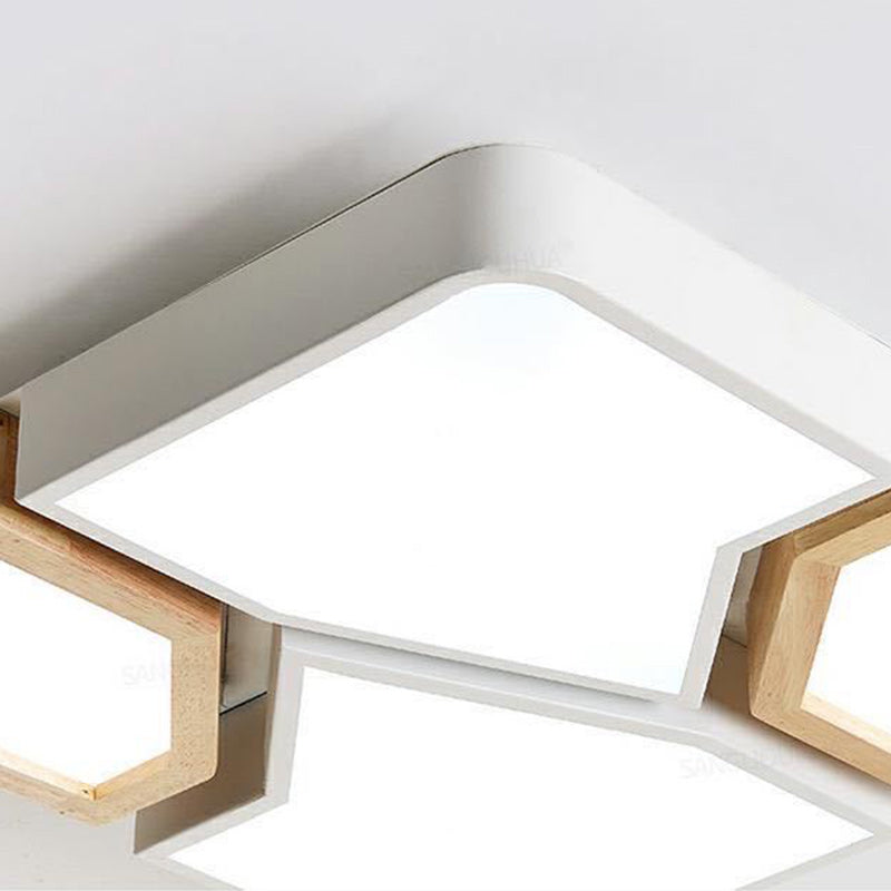 Contemporary Nordic Square Rectangle Geometric Combination Iron Solid Wood Acrylic Shade LED Flush Mount Ceiling Light For Living Room