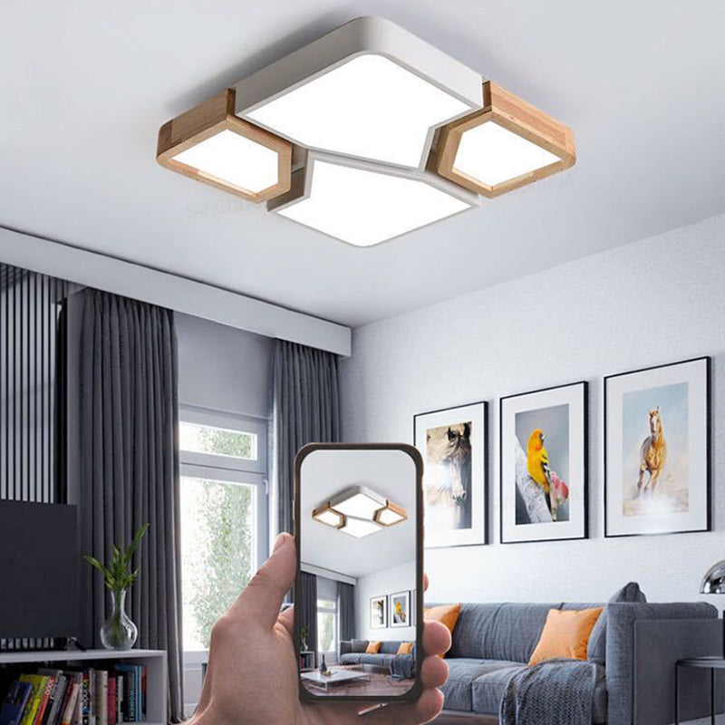 Contemporary Nordic Square Rectangle Geometric Combination Iron Solid Wood Acrylic Shade LED Flush Mount Ceiling Light For Living Room