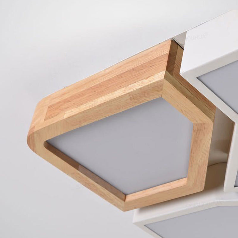 Contemporary Nordic Square Rectangle Geometric Combination Iron Solid Wood Acrylic Shade LED Flush Mount Ceiling Light For Living Room