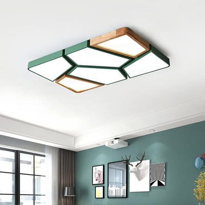 Contemporary Nordic Square Rectangle Geometric Combination Iron Solid Wood Acrylic Shade LED Flush Mount Ceiling Light For Living Room