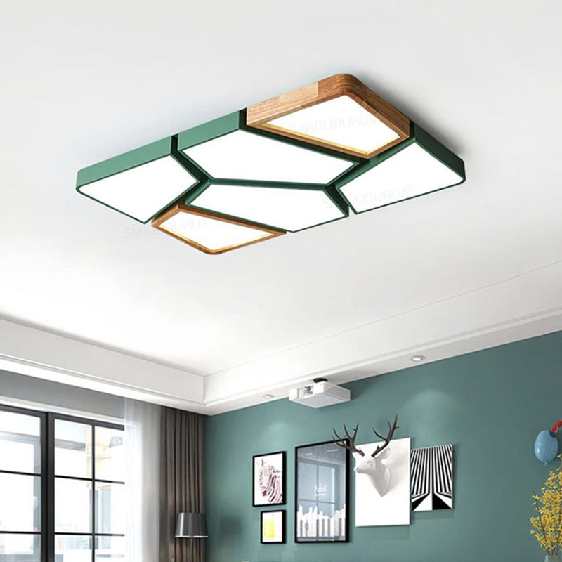 Contemporary Nordic Square Rectangle Geometric Combination Iron Solid Wood Acrylic Shade LED Flush Mount Ceiling Light For Living Room