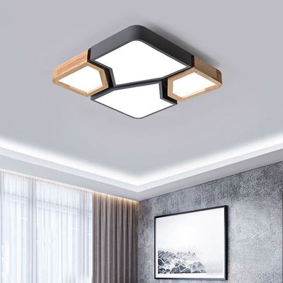 Contemporary Nordic Square Rectangle Geometric Combination Iron Solid Wood Acrylic Shade LED Flush Mount Ceiling Light For Living Room