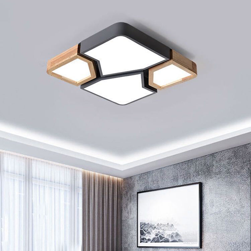 Contemporary Nordic Square Rectangle Geometric Combination Iron Solid Wood Acrylic Shade LED Flush Mount Ceiling Light For Living Room