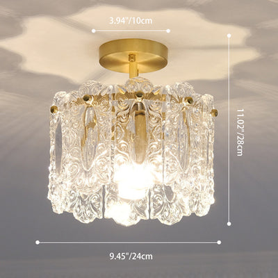Traditional French Round Lace Full Copper Frame Glass Shade 1-Light Semi-Flush Mount Ceiling Light For Living Room