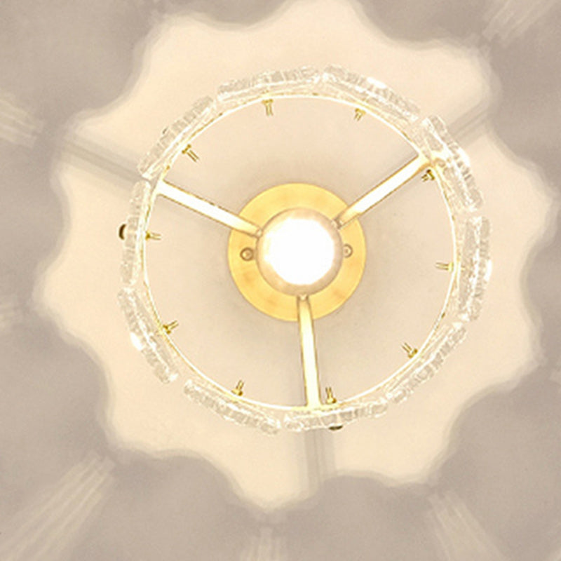Traditional French Round Lace Full Copper Frame Glass Shade 1-Light Semi-Flush Mount Ceiling Light For Living Room