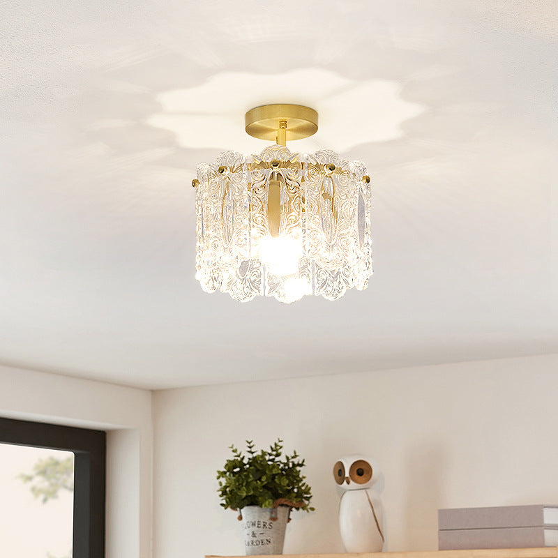 Traditional French Round Lace Full Copper Frame Glass Shade 1-Light Semi-Flush Mount Ceiling Light For Living Room