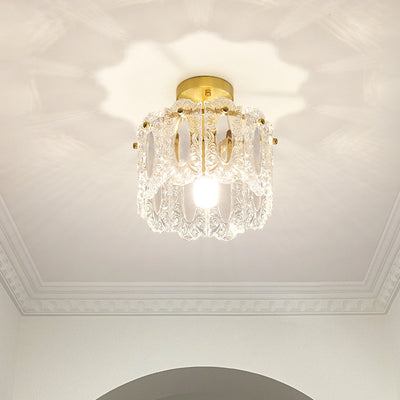 Traditional French Round Lace Full Copper Frame Glass Shade 1-Light Semi-Flush Mount Ceiling Light For Living Room