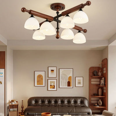Traditional French Branch Round Bowl Lid Shape Hardware Wood Glass 4/6/8 Semi-Flush Mount Ceiling Light For Living Room