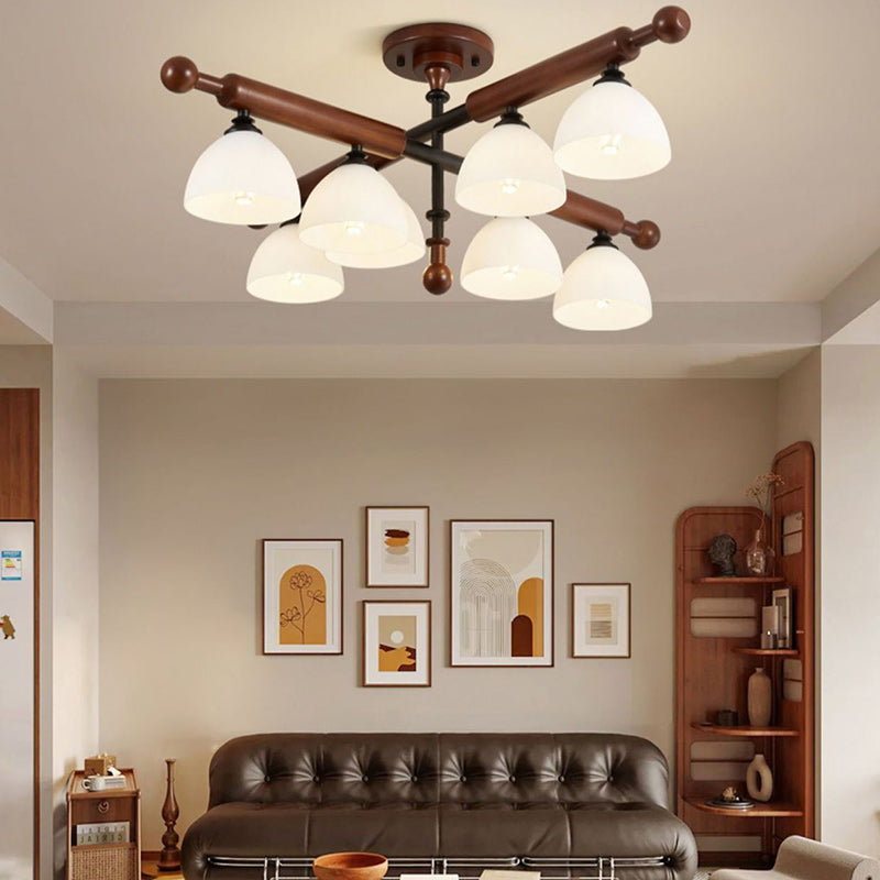 Traditional French Branch Round Bowl Lid Shape Hardware Wood Glass 4/6/8 Semi-Flush Mount Ceiling Light For Living Room