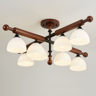 Traditional French Branch Round Bowl Lid Shape Hardware Wood Glass 4/6/8 Semi-Flush Mount Ceiling Light For Living Room