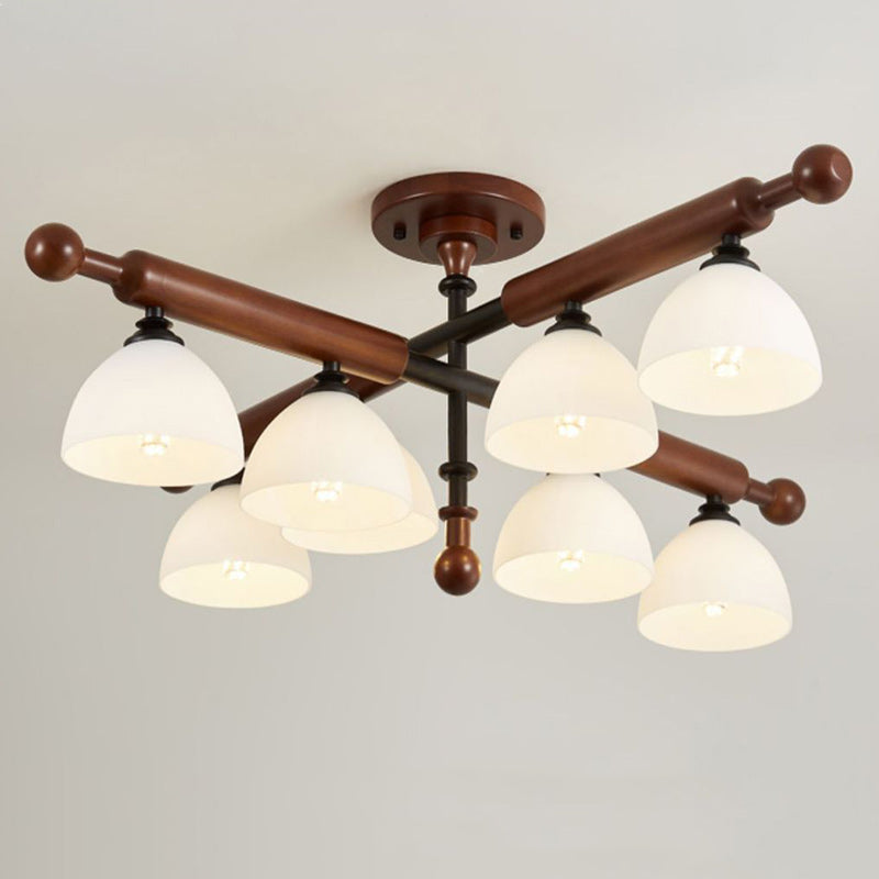 Traditional French Branch Round Bowl Lid Shape Hardware Wood Glass 4/6/8 Semi-Flush Mount Ceiling Light For Living Room