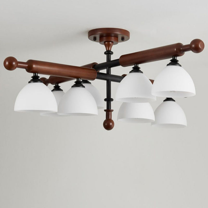 Traditional French Branch Round Bowl Lid Shape Hardware Wood Glass 4/6/8 Semi-Flush Mount Ceiling Light For Living Room