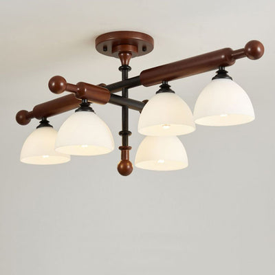 Traditional French Branch Round Bowl Lid Shape Hardware Wood Glass 4/6/8 Semi-Flush Mount Ceiling Light For Living Room