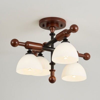 Traditional French Branch Round Bowl Lid Shape Hardware Wood Glass 4/6/8 Semi-Flush Mount Ceiling Light For Living Room