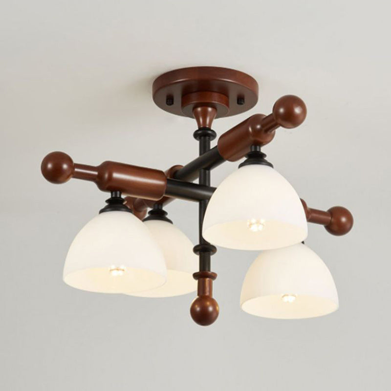 Traditional French Branch Round Bowl Lid Shape Hardware Wood Glass 4/6/8 Semi-Flush Mount Ceiling Light For Living Room