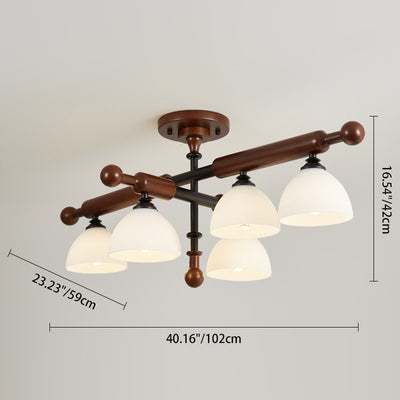Traditional French Branch Round Bowl Lid Shape Hardware Wood Glass 4/6/8 Semi-Flush Mount Ceiling Light For Living Room