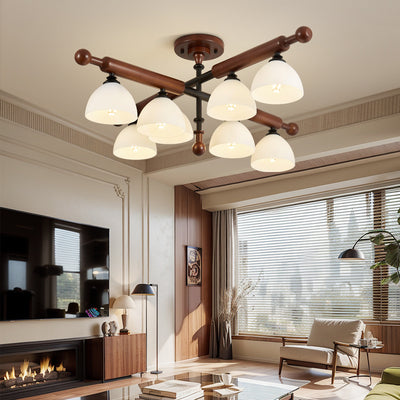 Traditional French Branch Round Bowl Lid Shape Hardware Wood Glass 4/6/8 Semi-Flush Mount Ceiling Light For Living Room