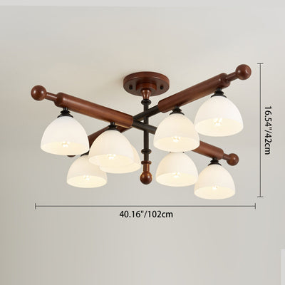Traditional French Branch Round Bowl Lid Shape Hardware Wood Glass 4/6/8 Semi-Flush Mount Ceiling Light For Living Room