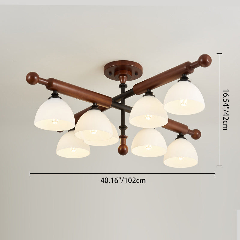 Traditional French Branch Round Bowl Lid Shape Hardware Wood Glass 4/6/8 Semi-Flush Mount Ceiling Light For Living Room