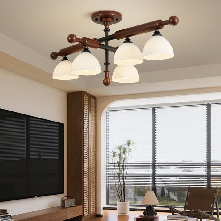 Traditional French Branch Round Bowl Lid Shape Hardware Wood Glass 4/6/8 Semi-Flush Mount Ceiling Light For Living Room
