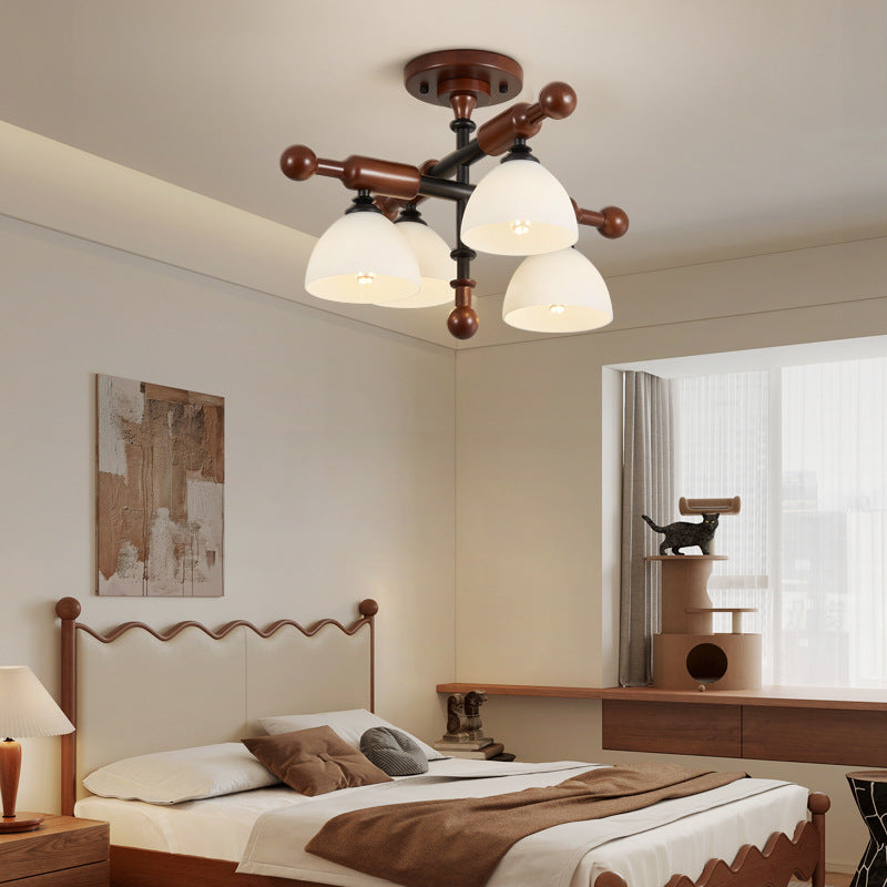 Traditional French Branch Round Bowl Lid Shape Hardware Wood Glass 4/6/8 Semi-Flush Mount Ceiling Light For Living Room