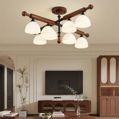 Traditional French Branch Round Bowl Lid Shape Hardware Wood Glass 4/6/8 Semi-Flush Mount Ceiling Light For Living Room