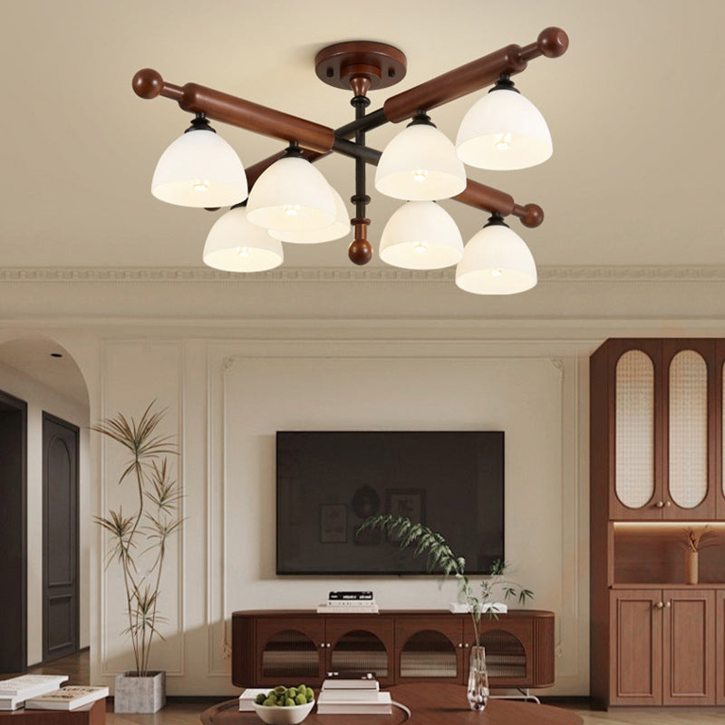 Traditional French Branch Round Bowl Lid Shape Hardware Wood Glass 4/6/8 Semi-Flush Mount Ceiling Light For Living Room