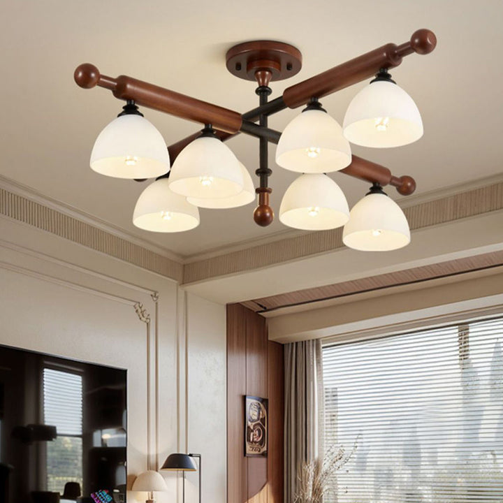 Montaje de techo semiempotrado de 4/6/8 luces para sala de estar con forma de tapa de cuenco redondo de rama francesa tradicional de hardware de madera y vidrio 
