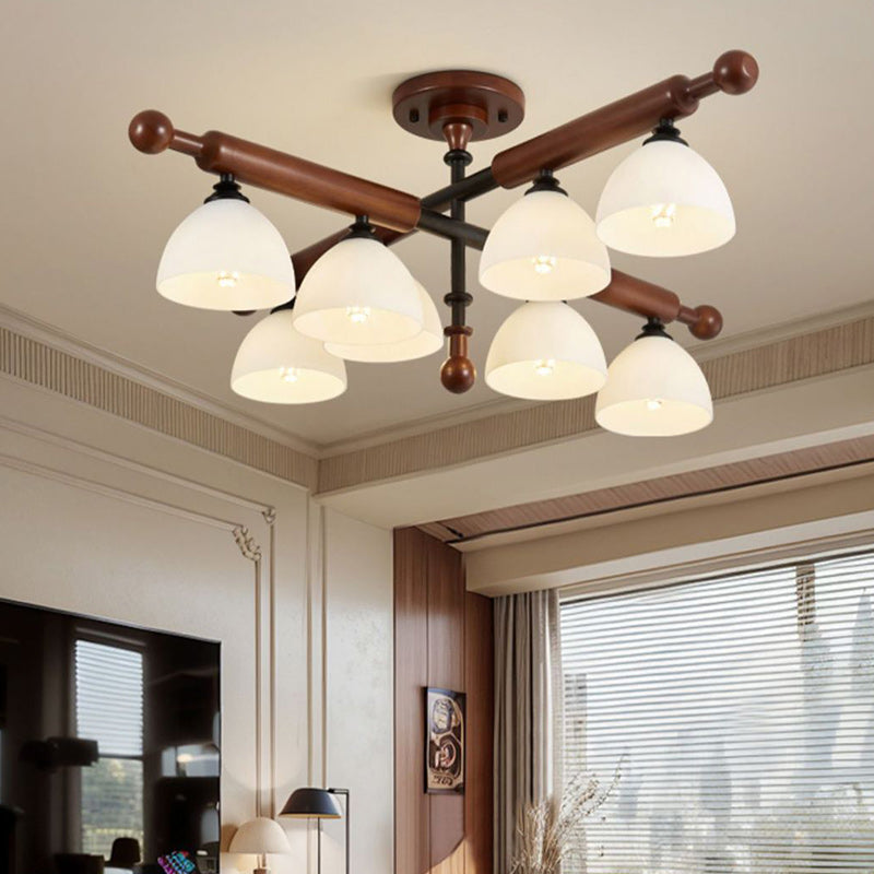 Traditional French Branch Round Bowl Lid Shape Hardware Wood Glass 4/6/8 Semi-Flush Mount Ceiling Light For Living Room