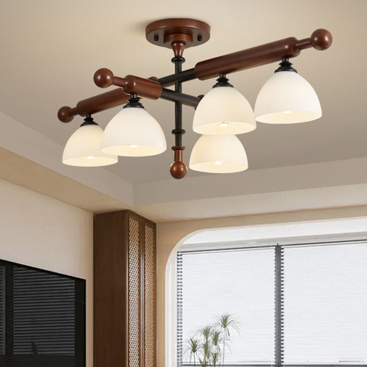 Montaje de techo semiempotrado de 4/6/8 luces para sala de estar con forma de tapa de cuenco redondo de rama francesa tradicional de hardware de madera y vidrio 