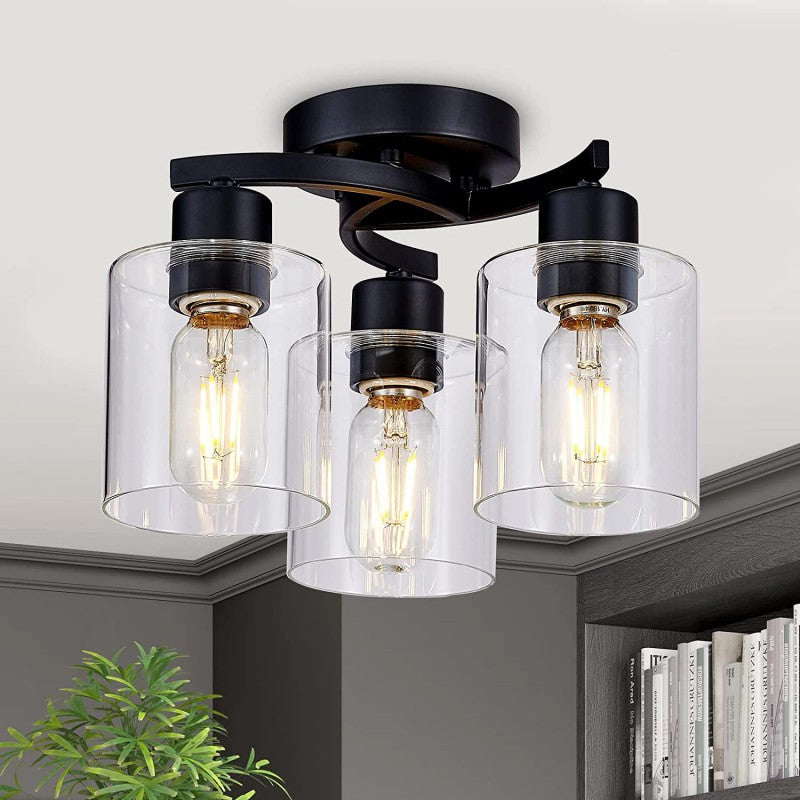 Modern Minimalist Cylinder Cup Shape Iron Glass 3-Light Semi-Flush Mount Ceiling Light For Living Room