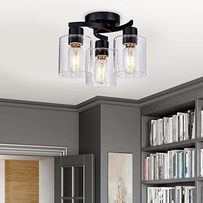 Modern Minimalist Cylinder Cup Shape Iron Glass 3-Light Semi-Flush Mount Ceiling Light For Living Room