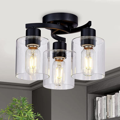Modern Minimalist Cylinder Cup Shape Iron Glass 3-Light Semi-Flush Mount Ceiling Light For Living Room