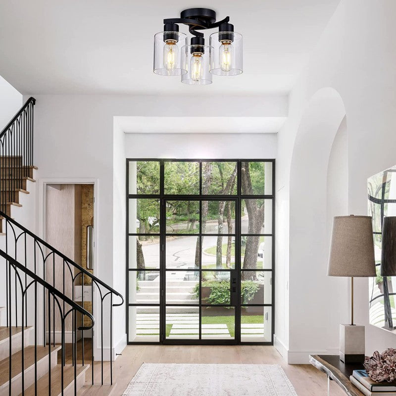 Modern Minimalist Cylinder Cup Shape Iron Glass 3-Light Semi-Flush Mount Ceiling Light For Living Room