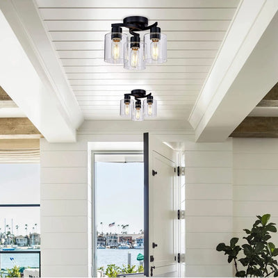 Modern Minimalist Cylinder Cup Shape Iron Glass 3-Light Semi-Flush Mount Ceiling Light For Living Room