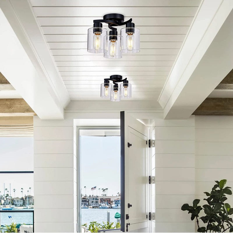 Modern Minimalist Cylinder Cup Shape Iron Glass 3-Light Semi-Flush Mount Ceiling Light For Living Room