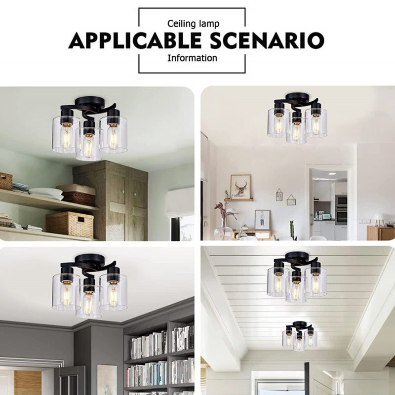 Modern Minimalist Cylinder Cup Shape Iron Glass 3-Light Semi-Flush Mount Ceiling Light For Living Room