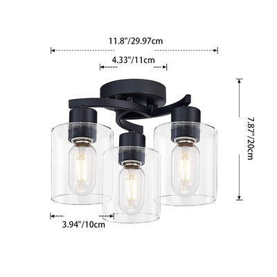 Modern Minimalist Cylinder Cup Shape Iron Glass 3-Light Semi-Flush Mount Ceiling Light For Living Room