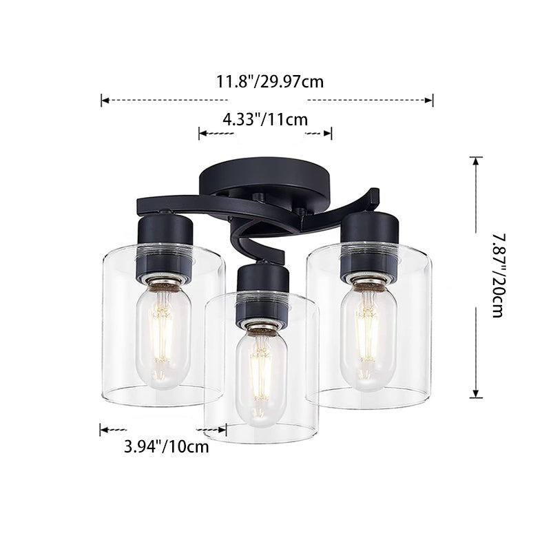 Modern Minimalist Cylinder Cup Shape Iron Glass 3-Light Semi-Flush Mount Ceiling Light For Living Room