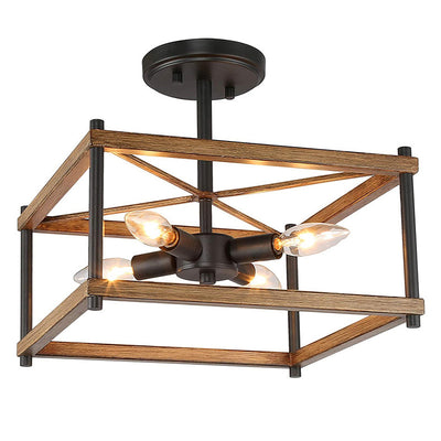Lustre semi-encastré contemporain industriel rond carré géométrique en fer avec cadre en bois 2/4 lumières pour salon 