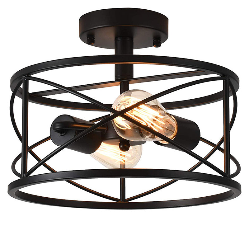 Lustre semi-encastré contemporain industriel rond carré géométrique en fer avec cadre en bois 2/4 lumières pour salon 