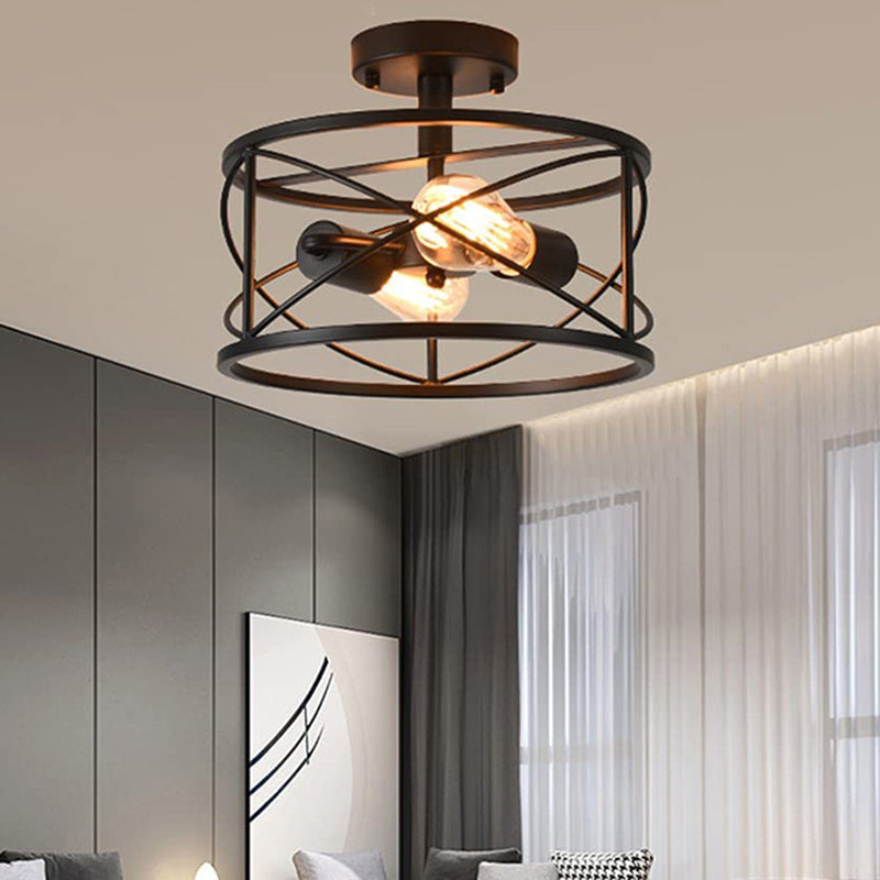 Lustre semi-encastré contemporain industriel rond carré géométrique en fer avec cadre en bois 2/4 lumières pour salon 