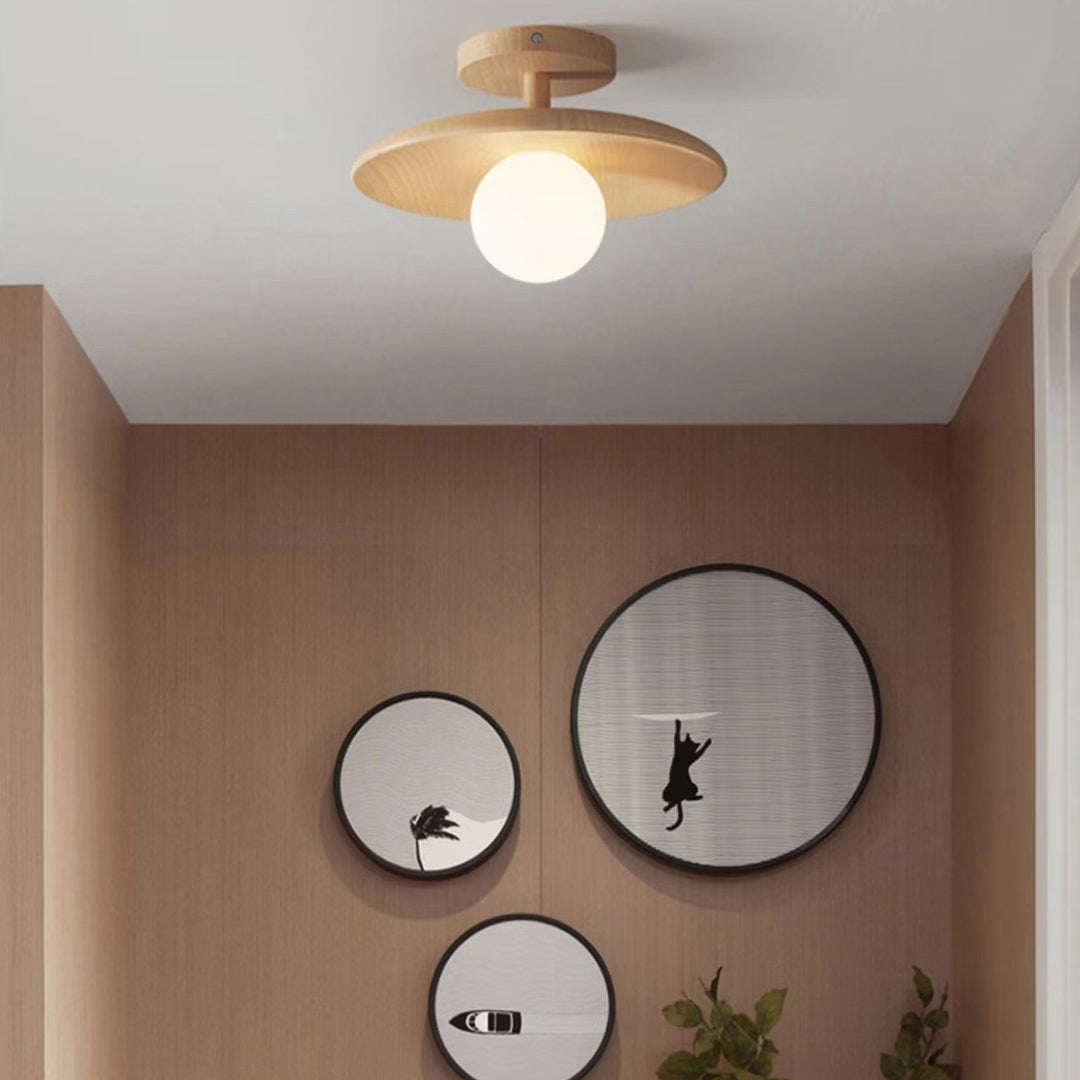 Lustre semi-encastré à 1 lumière en bois et verre rond nordique contemporain pour salon 