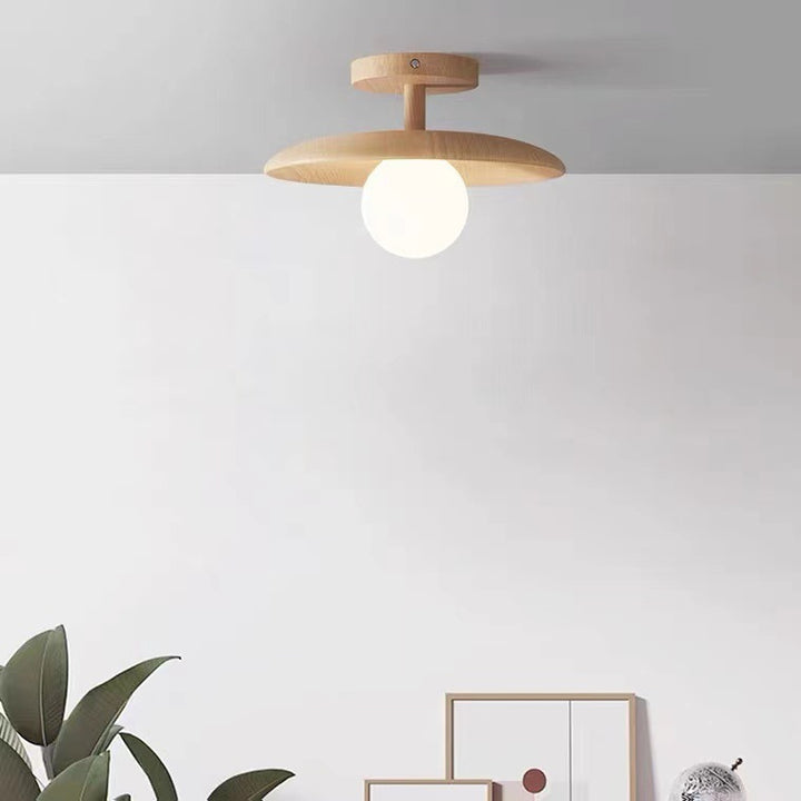 Lustre semi-encastré à 1 lumière en bois et verre rond nordique contemporain pour salon 