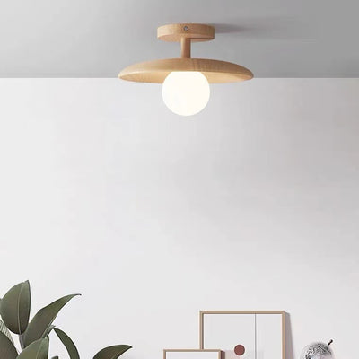 Contemporary Nordic Round Globe Wood Glass 1-Light Semi-Flush Mount Ceiling Light For Living Room