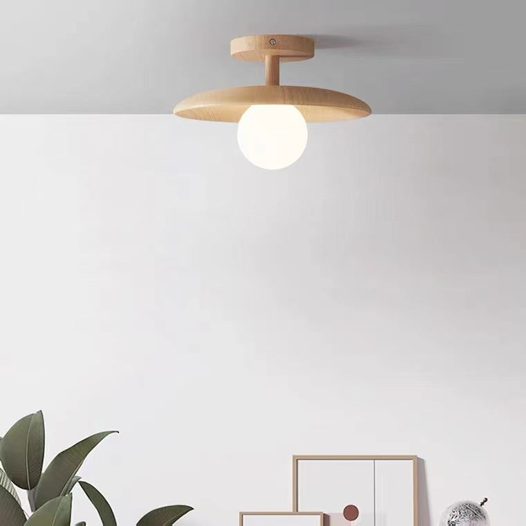 Contemporary Nordic Round Globe Wood Glass 1-Light Semi-Flush Mount Ceiling Light For Living Room
